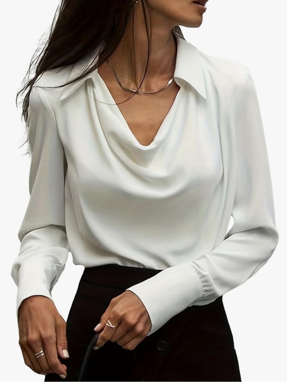 Olia Satin Collared Drape Blouse White NWT